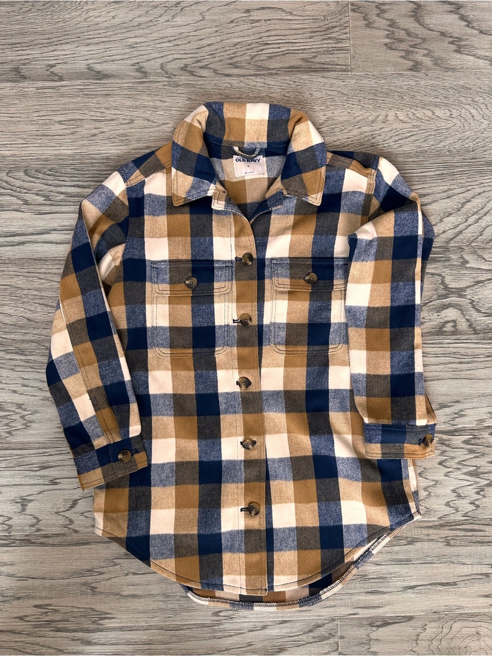 Old Navy Navy, Tan & Cream Plaid Button-Down Shirt Jacket